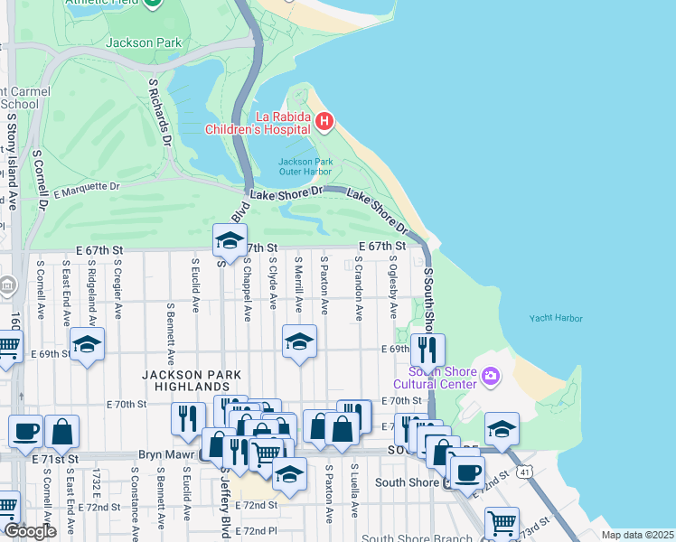 map of restaurants, bars, coffee shops, grocery stores, and more near 6727 South Paxton Avenue in Chicago