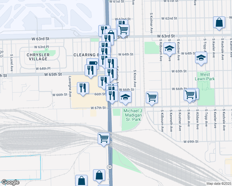 map of restaurants, bars, coffee shops, grocery stores, and more near 6608 South Keating Avenue in Chicago