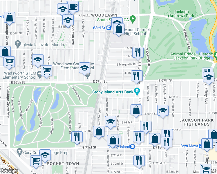 map of restaurants, bars, coffee shops, grocery stores, and more near 1400 East 67th Place in Chicago