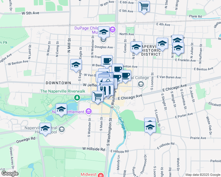 map of restaurants, bars, coffee shops, grocery stores, and more near 16 West Jefferson Avenue in Naperville