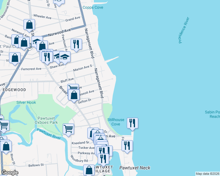 map of restaurants, bars, coffee shops, grocery stores, and more near 22 Hudson Place in Cranston