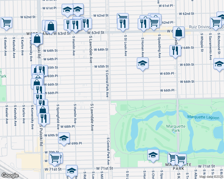 map of restaurants, bars, coffee shops, grocery stores, and more near 3550 West 66th Place in Chicago