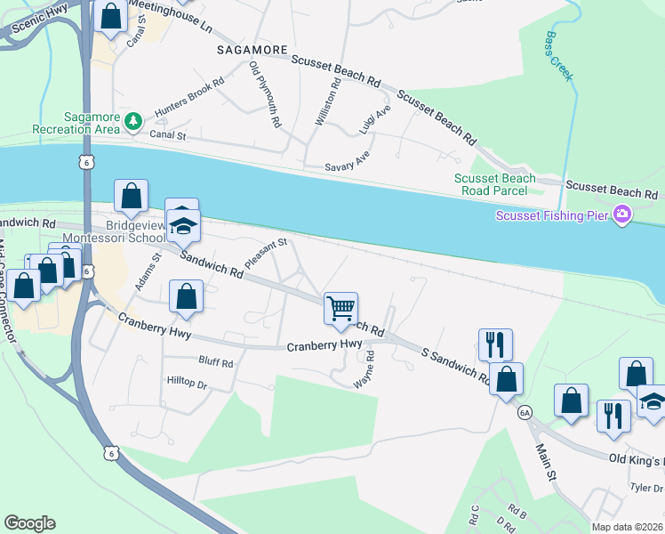map of restaurants, bars, coffee shops, grocery stores, and more near 3 Freight House Road in Bourne