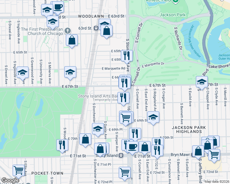 map of restaurants, bars, coffee shops, grocery stores, and more near 1517 East 67th Place in Chicago