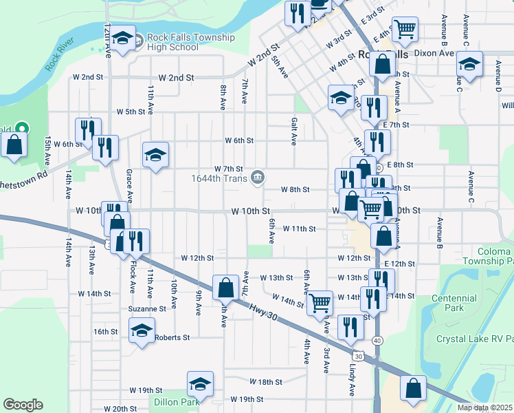 map of restaurants, bars, coffee shops, grocery stores, and more near in Rock Falls