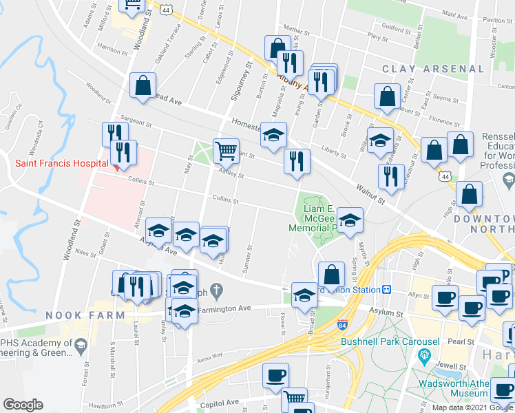 map of restaurants, bars, coffee shops, grocery stores, and more near 138 Collins St in Hartford