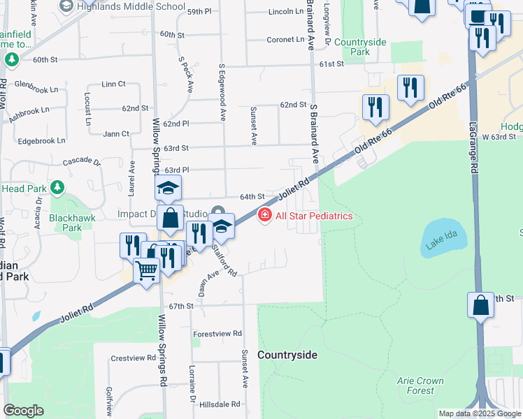 map of restaurants, bars, coffee shops, grocery stores, and more near 6406 Joliet Road in Countryside