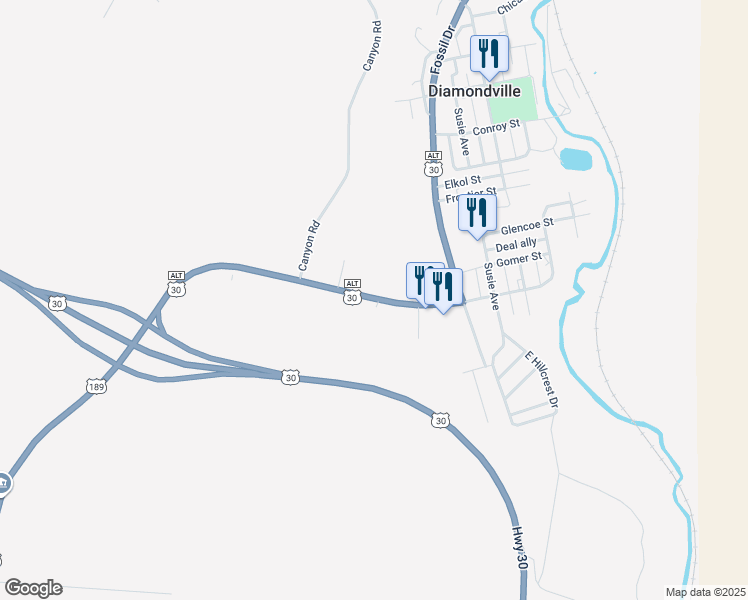 map of restaurants, bars, coffee shops, grocery stores, and more near 18 U.S. 189 in Kemmerer