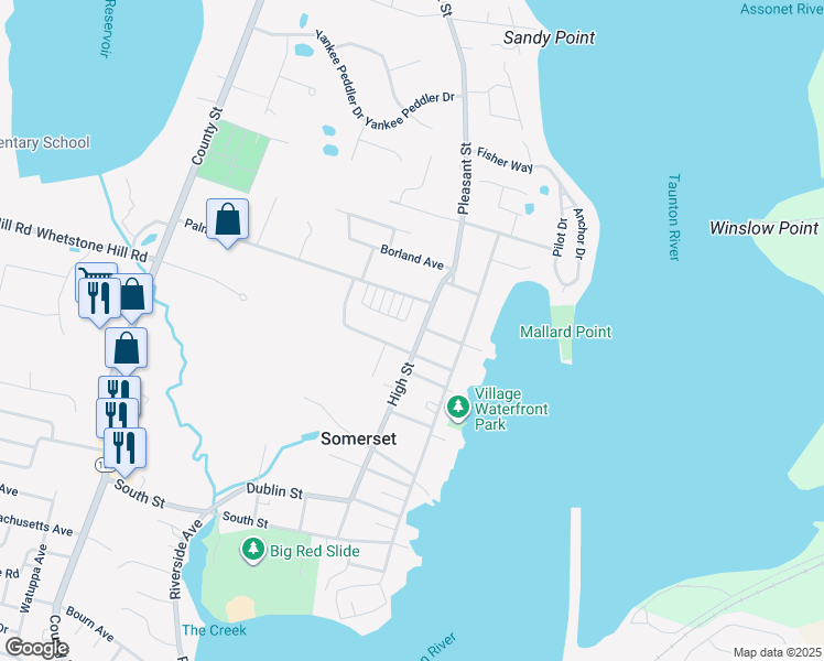 map of restaurants, bars, coffee shops, grocery stores, and more near 407 High Street in Somerset