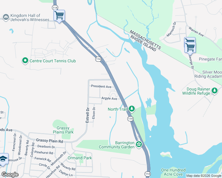 map of restaurants, bars, coffee shops, grocery stores, and more near 21 Argyle Avenue in East Providence