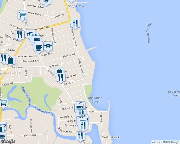 map of restaurants, bars, coffee shops, grocery stores, and more near 11 Sefton Drive in Cranston