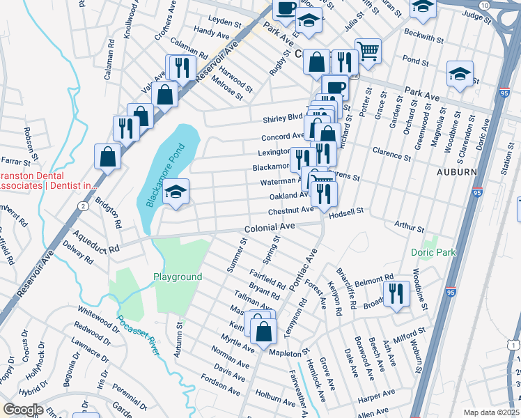 map of restaurants, bars, coffee shops, grocery stores, and more near 75 Colonial Avenue in Cranston