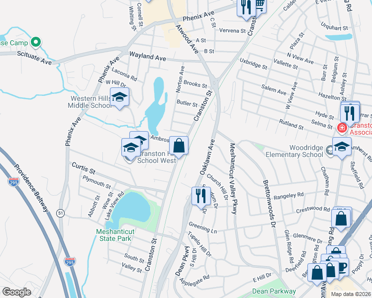 map of restaurants, bars, coffee shops, grocery stores, and more near 2068 Cranston Street in Cranston
