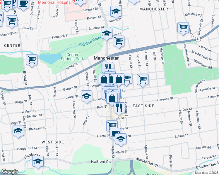 map of restaurants, bars, coffee shops, grocery stores, and more near 745 Main Street in Manchester