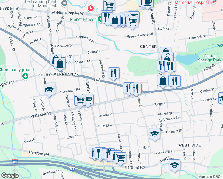 map of restaurants, bars, coffee shops, grocery stores, and more near 36 Proctor Road in Manchester