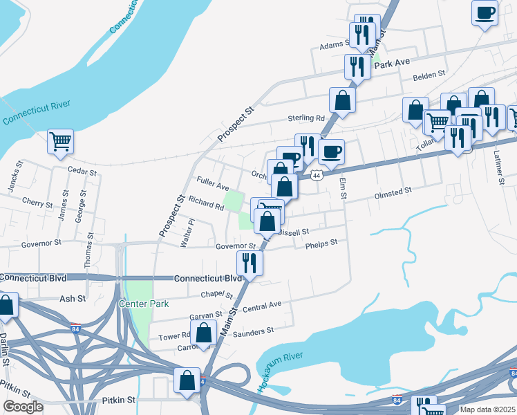 map of restaurants, bars, coffee shops, grocery stores, and more near 1017 Main Street in East Hartford