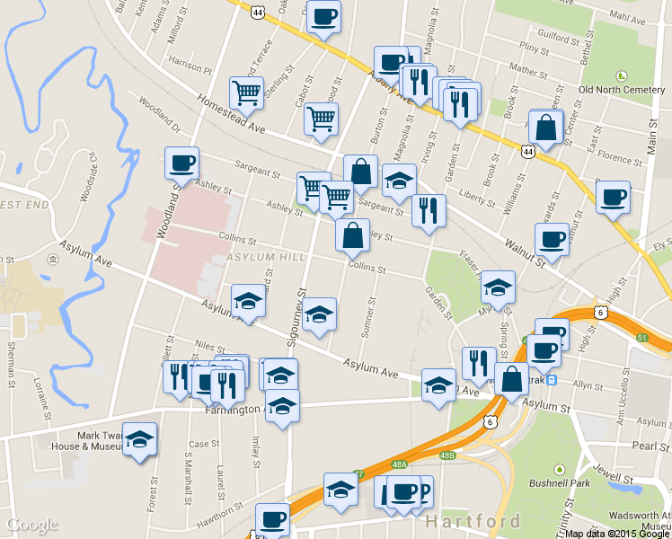 map of restaurants, bars, coffee shops, grocery stores, and more near 57 Huntington Street in Hartford