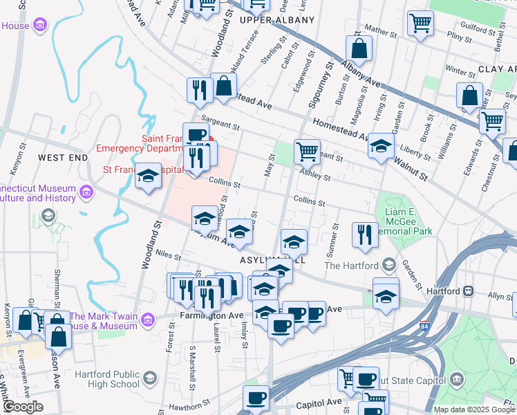 map of restaurants, bars, coffee shops, grocery stores, and more near 3450 Willard Street in Hartford