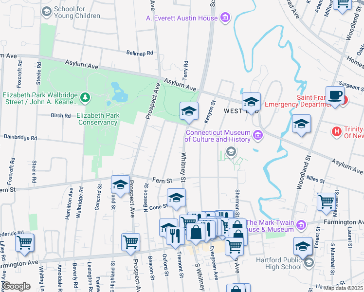 map of restaurants, bars, coffee shops, grocery stores, and more near 256 Oxford Street in Hartford