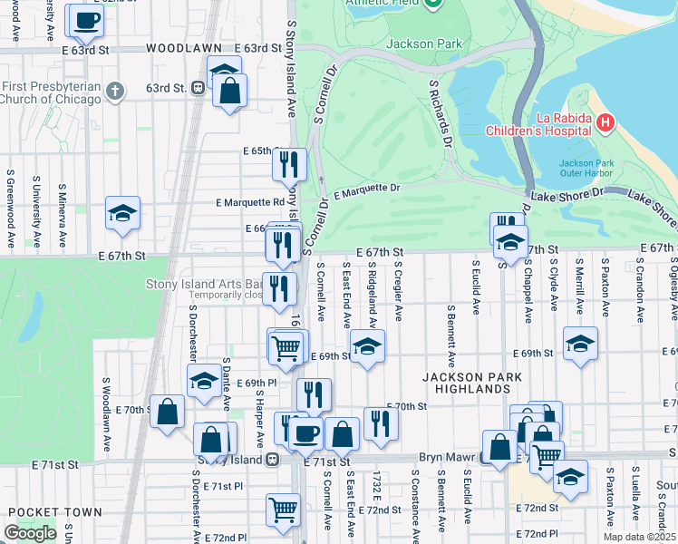 map of restaurants, bars, coffee shops, grocery stores, and more near 6745 South East End Avenue in Chicago