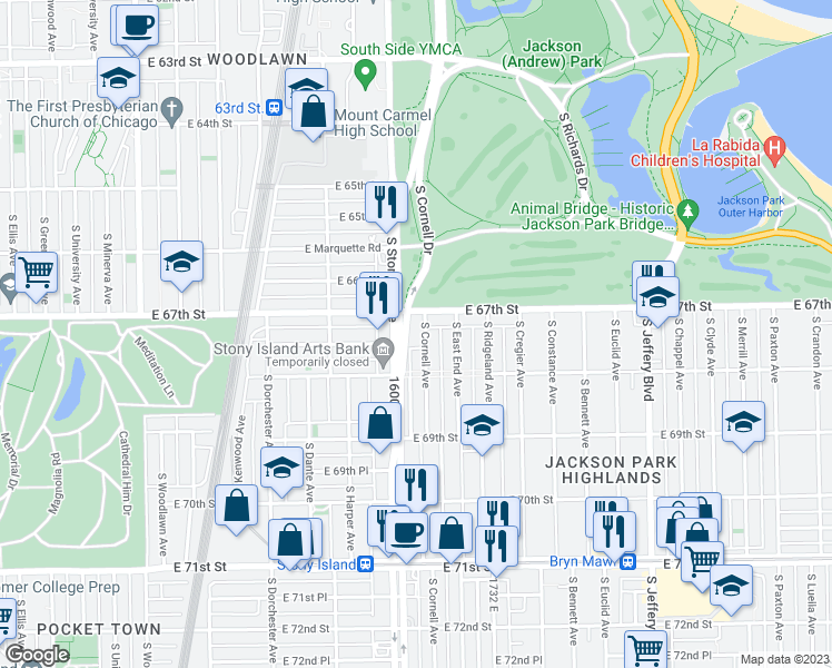 map of restaurants, bars, coffee shops, grocery stores, and more near 6738 South Cornell Avenue in Chicago