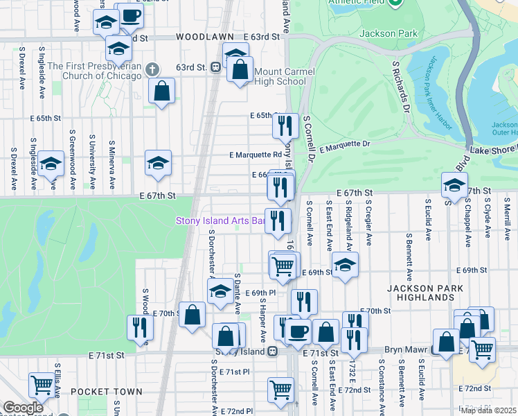 map of restaurants, bars, coffee shops, grocery stores, and more near 1517 East 67th Place in Chicago