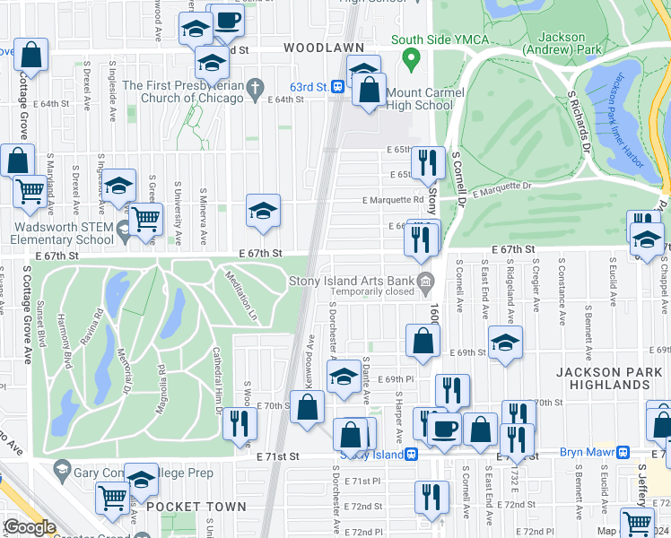 map of restaurants, bars, coffee shops, grocery stores, and more near 6749 South Dorchester Avenue in Chicago