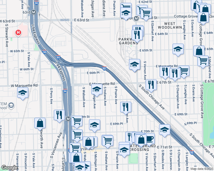map of restaurants, bars, coffee shops, grocery stores, and more near 6727 South Indiana Avenue in Chicago