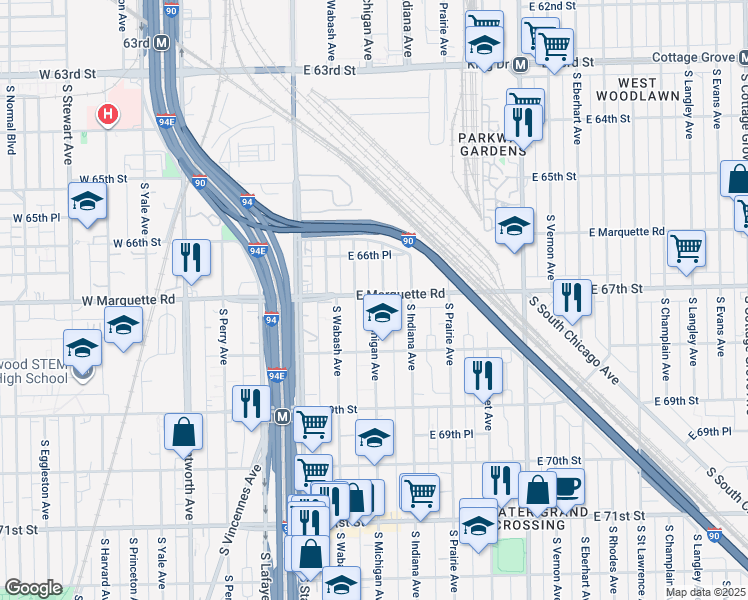 map of restaurants, bars, coffee shops, grocery stores, and more near 6730 South Michigan Avenue in Chicago