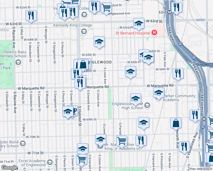 map of restaurants, bars, coffee shops, grocery stores, and more near 6714 South Lowe Avenue in Chicago