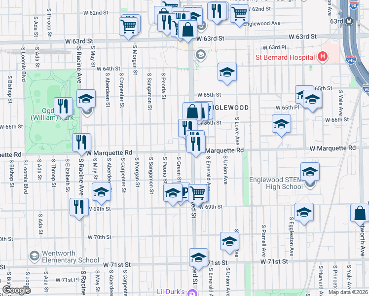 map of restaurants, bars, coffee shops, grocery stores, and more near 6710 South Halsted Street in Chicago