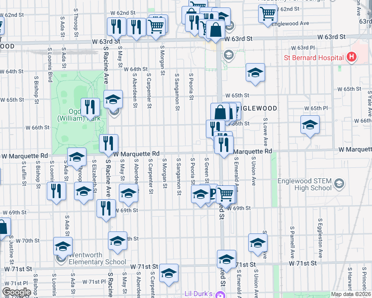 map of restaurants, bars, coffee shops, grocery stores, and more near 6713 South Sangamon Street in Chicago