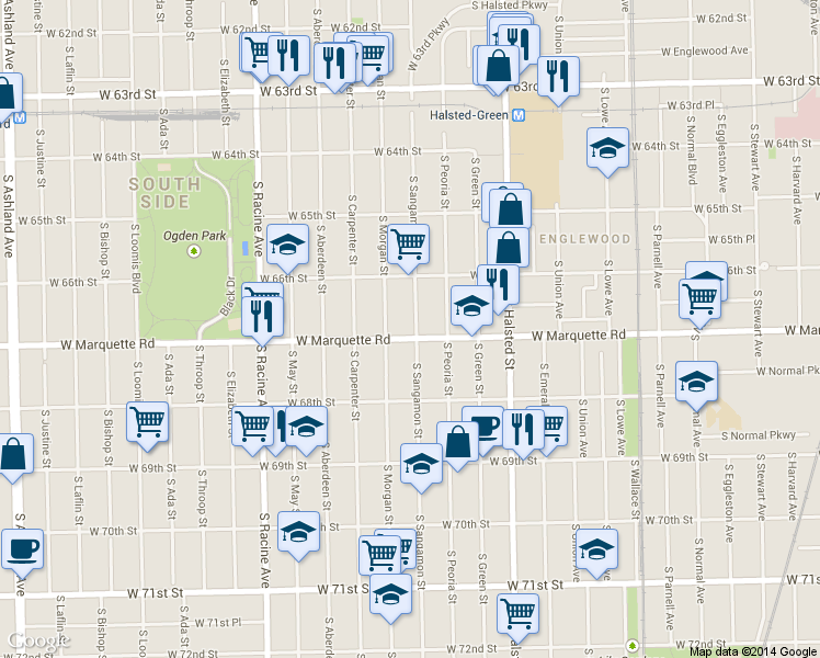 map of restaurants, bars, coffee shops, grocery stores, and more near 6713 South Sangamon Street in Chicago