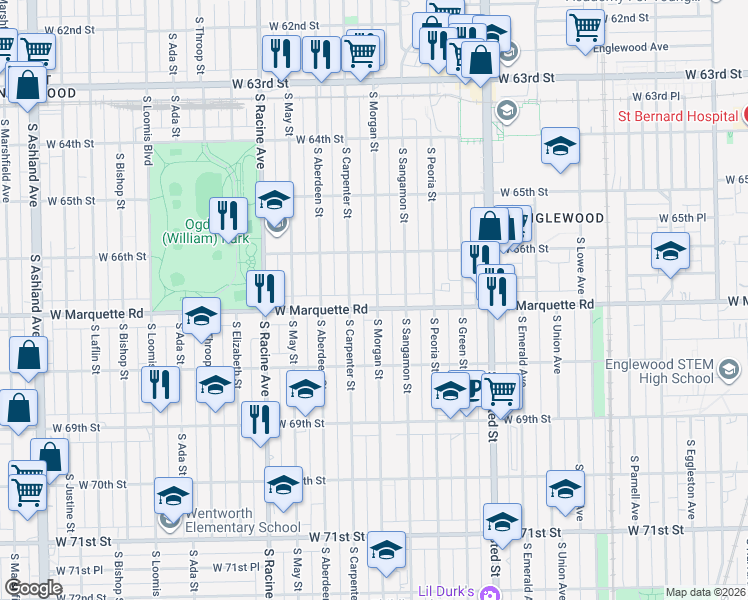 map of restaurants, bars, coffee shops, grocery stores, and more near 6702 South Morgan Street in Chicago
