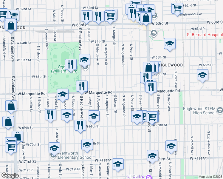 map of restaurants, bars, coffee shops, grocery stores, and more near 6702 South Morgan Street in Chicago