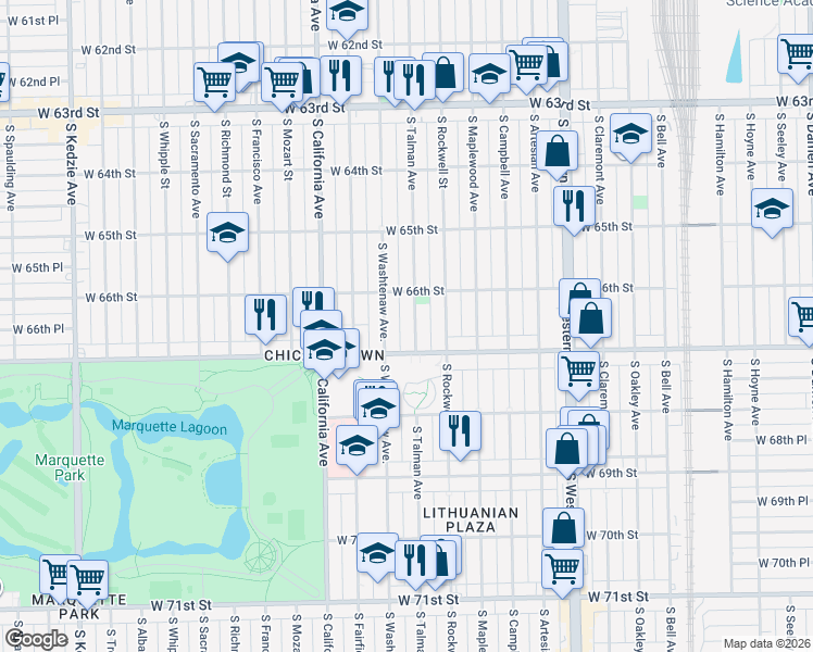 map of restaurants, bars, coffee shops, grocery stores, and more near 2636 West Marquette Road in Chicago