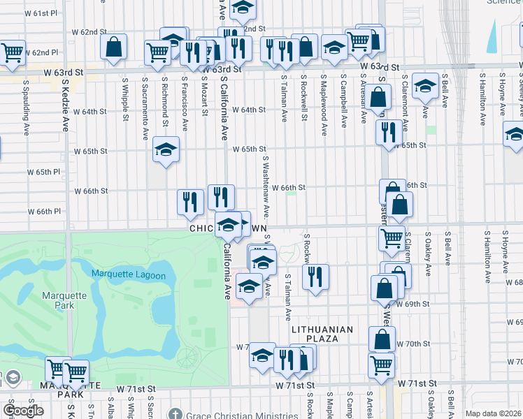 map of restaurants, bars, coffee shops, grocery stores, and more near 6657 South Fairfield Avenue in Chicago