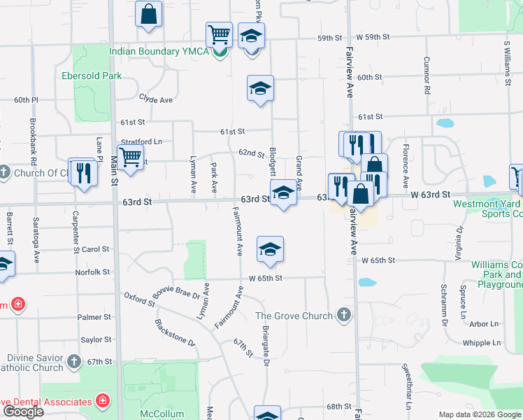 map of restaurants, bars, coffee shops, grocery stores, and more near 6332 Blodgett Court in Downers Grove
