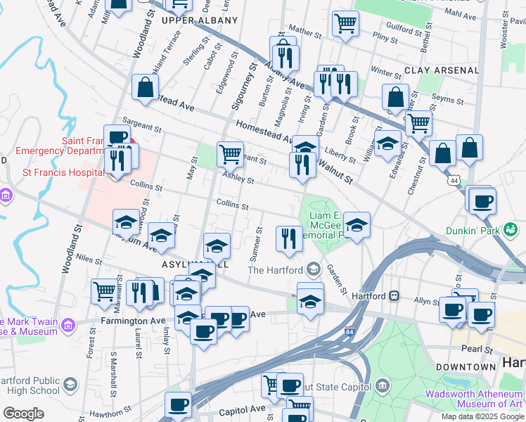 map of restaurants, bars, coffee shops, grocery stores, and more near 136 Collins Street in Hartford