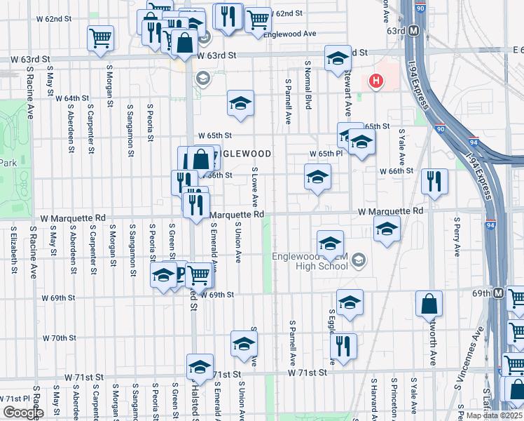map of restaurants, bars, coffee shops, grocery stores, and more near 6657 South Lowe Avenue in Chicago