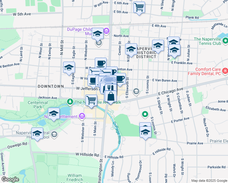 map of restaurants, bars, coffee shops, grocery stores, and more near 119 Chicago Avenue in Naperville