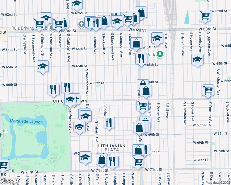 map of restaurants, bars, coffee shops, grocery stores, and more near 6635 South Maplewood Avenue in Chicago