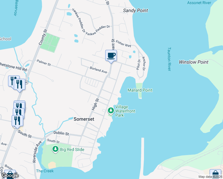 map of restaurants, bars, coffee shops, grocery stores, and more near 13 Clark Street in Somerset