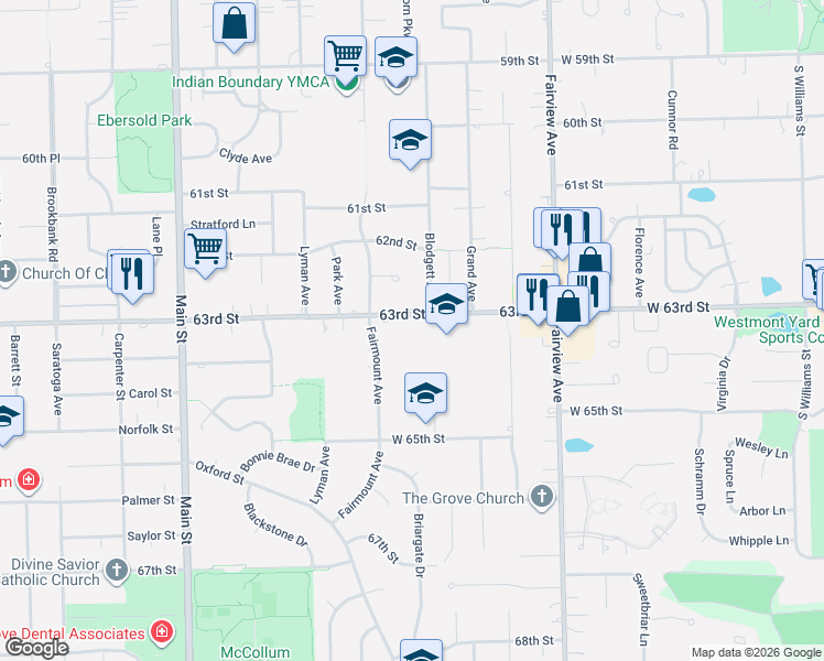 map of restaurants, bars, coffee shops, grocery stores, and more near 6332 Blodgett Court in Downers Grove