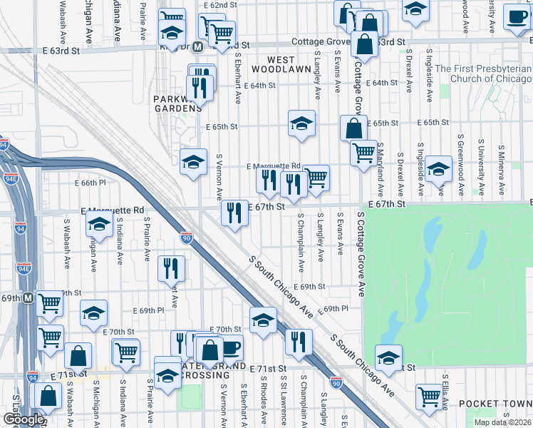 map of restaurants, bars, coffee shops, grocery stores, and more near 6732 South Rhodes Avenue in Chicago