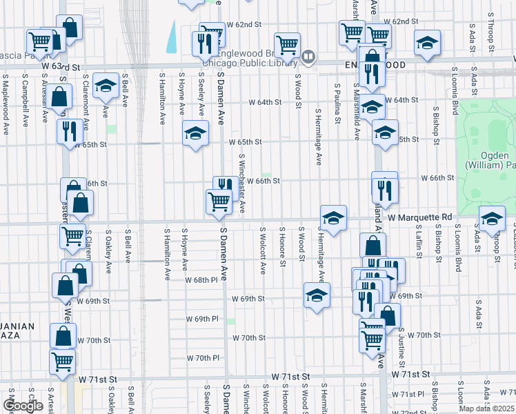 map of restaurants, bars, coffee shops, grocery stores, and more near 6640 South Wolcott Avenue in Chicago