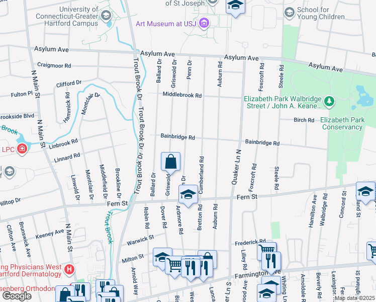 map of restaurants, bars, coffee shops, grocery stores, and more near 90 Penn Drive in West Hartford