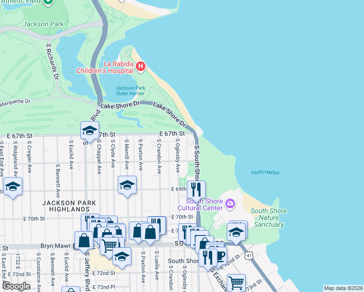 map of restaurants, bars, coffee shops, grocery stores, and more near 6725 South Oglesby Avenue in Chicago