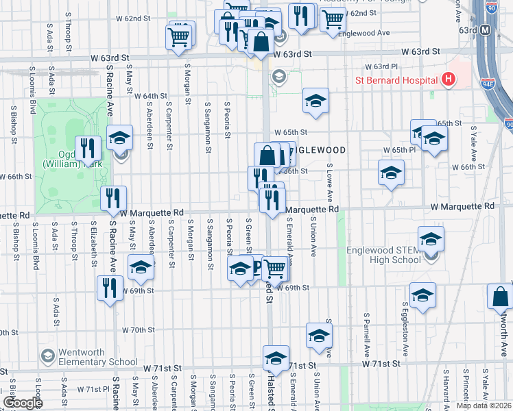map of restaurants, bars, coffee shops, grocery stores, and more near 6710 South Halsted Street in Chicago