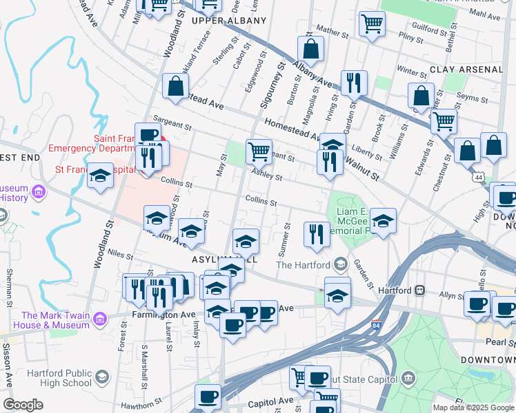 map of restaurants, bars, coffee shops, grocery stores, and more near 57 Huntington Street in Hartford